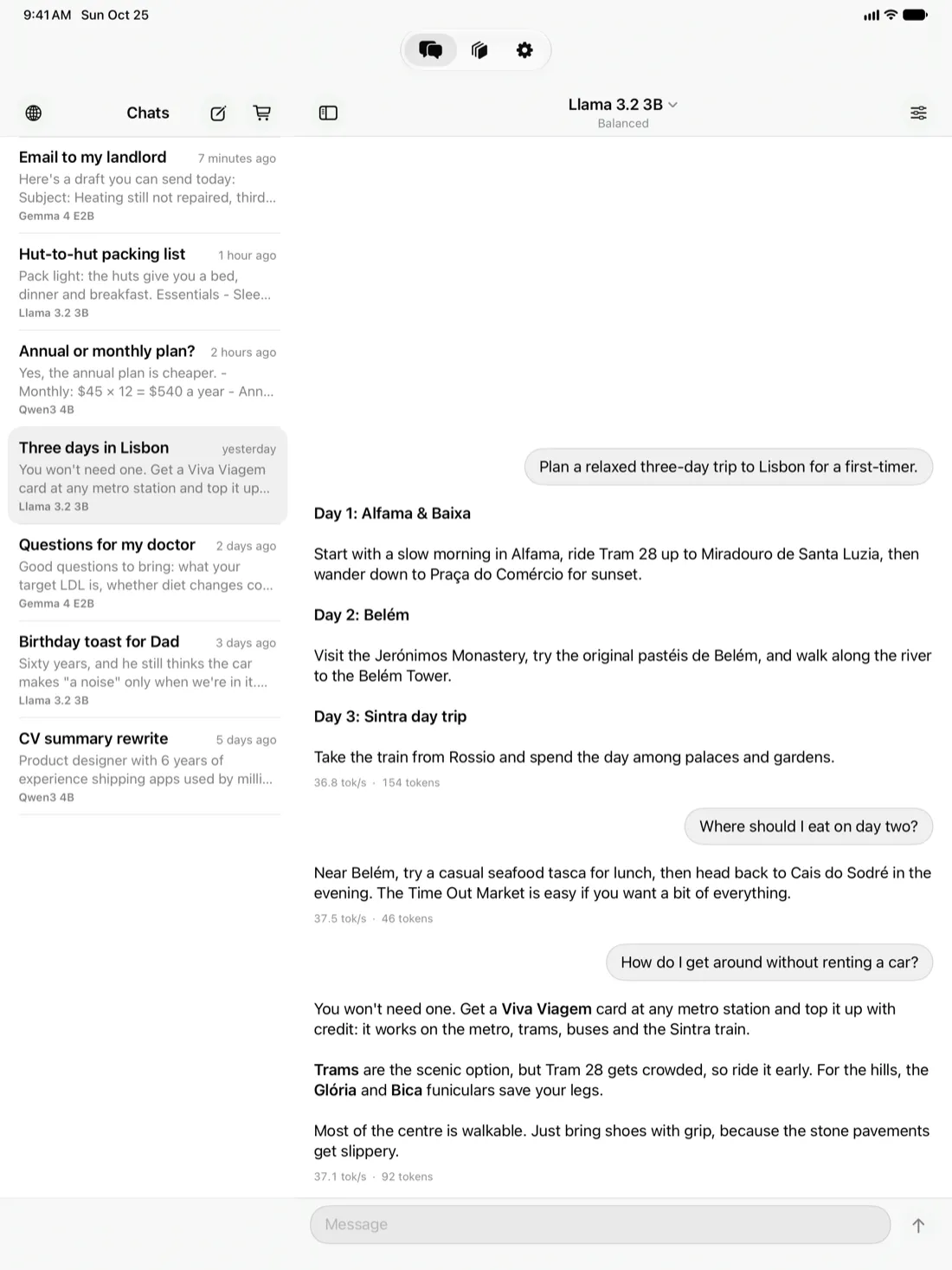 Offlai on iPad, with the chat list beside the open chat