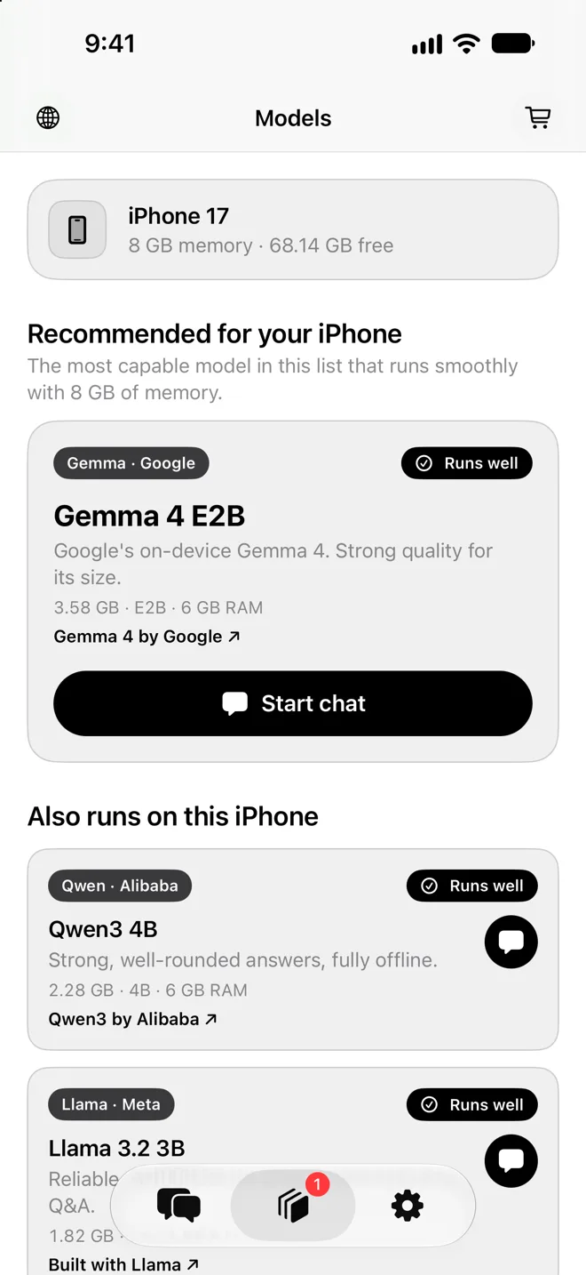 The Models screen, showing which models run well on an 8 GB iPhone
